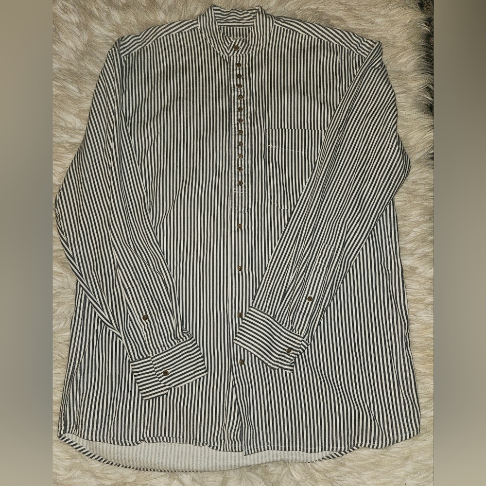 “Civilian” Striped Shirt – Size Medium – Navy & White Cotton Button-Front